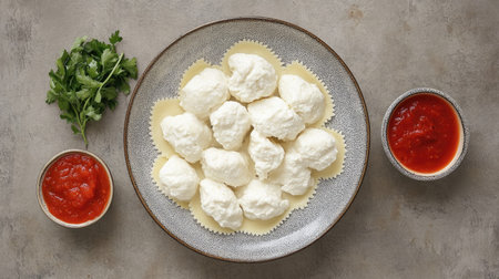 A top-down view of freshly made ravioli filled with ricotta cheese, ready to be boiled and served with sauce.の素材