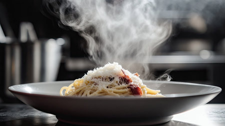 A steaming plate of spaghetti carbonara with crispy pancetta, creamy sauce, and a sprinkle of parmesan cheese.の素材