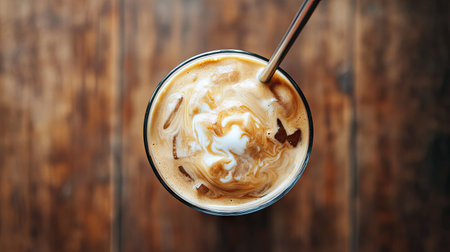 A top-down view of a glass of iced coffee with cream swirling, served with a metal straw on a vintage wooden table.の素材