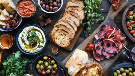 A top-down view of a Mediterranean feast with grilled meats, dips, olives, and fresh-baked bread.の素材