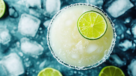 A top-down view of a cocktail glass filled with a frozen margarita, with salt on the rim and a lime slice, surrounded by ice cubes.の素材