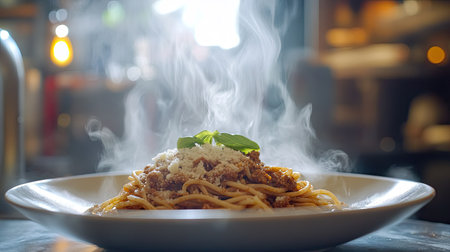 A steaming plate of spaghetti with rich Bolognese sauce, topped with fresh parmesan and basil.の素材