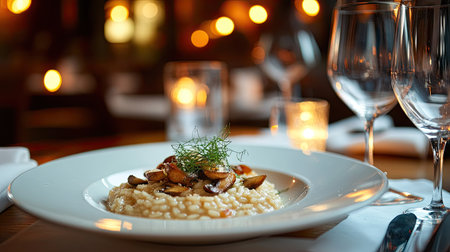 A plate of creamy risotto with mushrooms and parmesan, served in a fine dining Italian restaurant.の素材