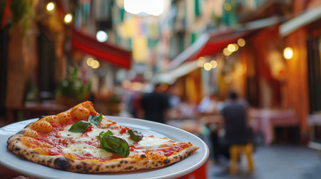 A plate of crispy, golden pizza margherita served as a street food slice in an Italian city, with a vibrant backdrop.の素材