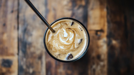 A top-down view of a glass of iced coffee with cream swirling, served with a metal straw on a vintage wooden table.の素材