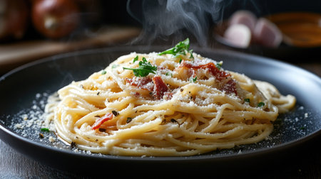A steaming plate of spaghetti carbonara with crispy pancetta, creamy sauce, and a sprinkle of parmesan cheese.の素材