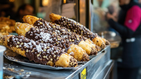 A street food stall in Sicily offering fresh cannoli with chocolate-covered ends, ready to be enjoyed by passersby.の素材