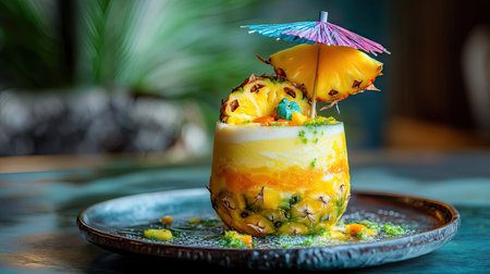 A tropical smoothie with mango, pineapple, and coconut milk, garnished with a slice of pineapple and a colorful umbrella.の素材