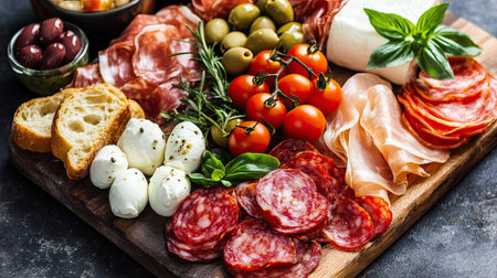A traditional Italian antipasto platter with cured meats, olives, mozzarella, tomatoes, and fresh bread.の素材