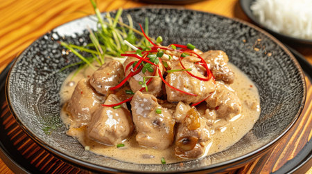 Traditional Phuket stew chicken in white sauce, presented elegantly on a black plate0の素材