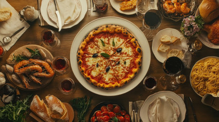 A top-down view of a table set for an Italian feast, featuring pizza, pasta, seafood, and fresh bread.の素材