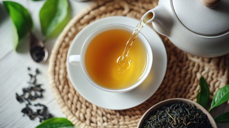 A top-down view of a teapot pouring hot green tea into a delicate porcelain cup, surrounded by loose tea leaves and a spoon.の素材