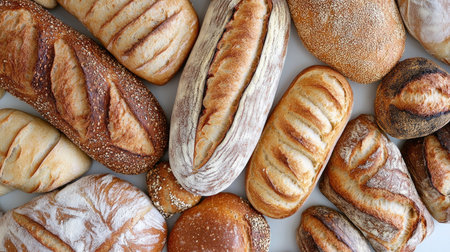 A top-down view of a variety of Italian bread, from crispy baguettes to soft rolls, stacked on a bakery countertop.の素材