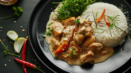 Traditional stew chicken with white sauce, a Phuket specialty, served on a black plateの素材