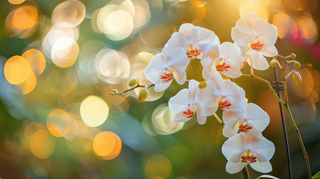 Cluster of white Phalaenopsis orchids with blurred garden backgroundの素材