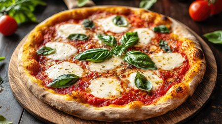 A traditional Italian pizza Margherita with fresh mozzarella, basil, and a golden, crispy crust, served on a wooden pizza board.の素材