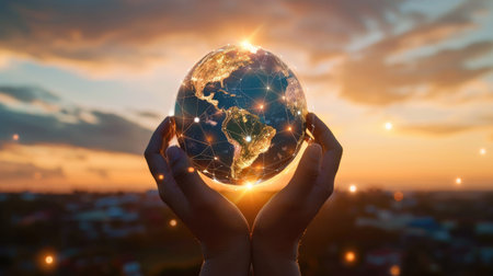 Global network connection and a globe in hands on sunset background, emphasizing the importance of worldwide communication with this inviting photo.の素材