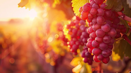 Vibrant red grapes hanging on vines in a vineyard at golden hourの素材