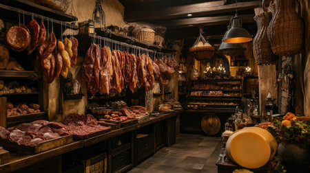 A traditional Italian deli displaying hanging prosciutto, salami, and wheels of parmesan cheese.の素材