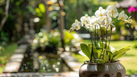 White orchids in a pot with a natural garden setting in the backgroundの素材