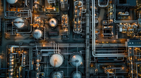 Aerial perspective of oil refineries and chemical plants, highlighting the extensive layout and infrastructure in an industrial area with this inviting photo.の素材