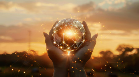 Global network connection and a globe in hands on sunset background, showcasing the strength of global networks with this inviting photo.の素材