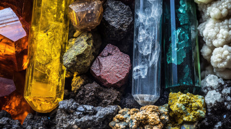 A close-up of a geological core sample showing various rock types and mineral content, highlighting the details of the Earth's crust in a laboratory setting.の素材