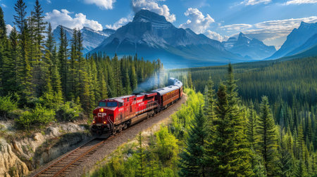 Scenic shot of a train on Morant's Curve, framed by the towering Rocky Mountains and pristine wilderness of Banff National Park with this inviting photo.の素材