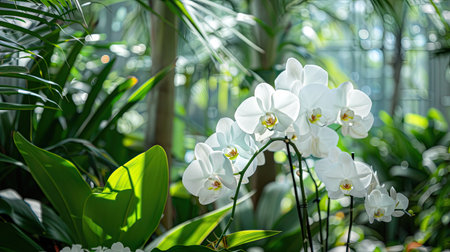 Cluster of white Phalaenopsis orchids with lush greenery behindの素材