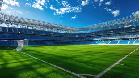 Modern football stadium with a pristine green field and football goals, showcasing the beauty of the sport with this inviting photo.の素材