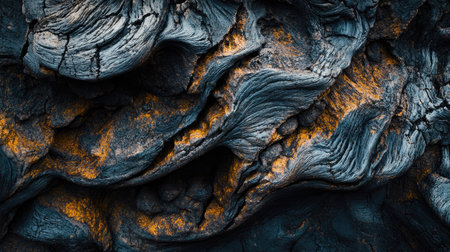 A close-up of a volcanic rock formation with intricate textures and patterns, showcasing the igneous aspect of Earth's crust in a dramatic and natural setting.の素材