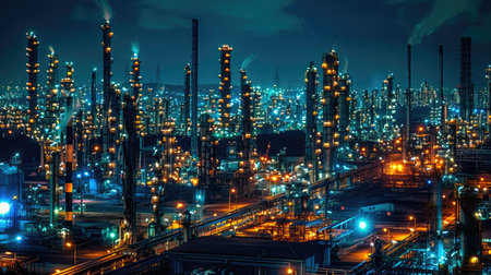 Night view of oil refineries and chemical plants illuminated in an industrial area, showcasing the vibrant lights and machinery with this inviting photo.の素材