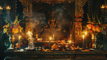 Traditional Thai altar table adorned with incense, candles, and religious offerings, set against a decorative backgroundの素材