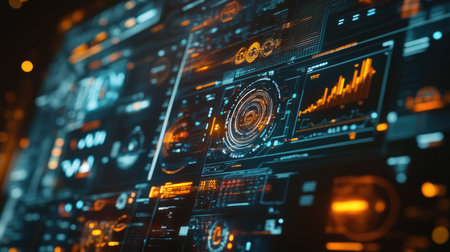 A close-up of a 3D holographic display showing intricate data and graphs, with bright, glowing elements and a futuristic interface.の素材
