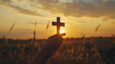 Human hand holding a cross in silhouette, framed by the warm hues of a sunrise, representing faith and tranquility with this inviting photo.の素材