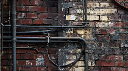 A close-up of electrical wires running along the side of a building, with the textures of the brick wall and the metal conduit adding depth and interest to the composition.の素材