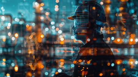 Double exposure of an engineer and a digital hologram, capturing the fusion of industrial work and cutting-edge technology with this inviting photo.の素材