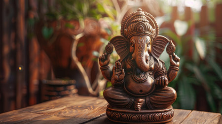 Unoccupied wooden table with a beautifully designed Ganesha idol, suitable for spiritual and festive imageryの素材