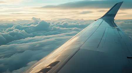 A close-up of an airplane's wing with the sky and clouds in the background, capturing the sleek design and aerodynamics essential for flight.の素材