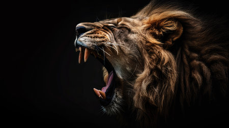 Lion mid-roar, displaying its sharp teeth and powerful jaws, emphasizing the raw and dangerous beauty of the king of the jungle with this inviting photo.の素材