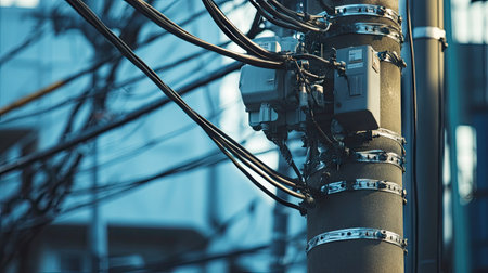 A close-up of insulated power cables hanging from a utility pole, with the connectors and insulators clearly visible, showcasing the details of everyday urban infrastructure.の素材