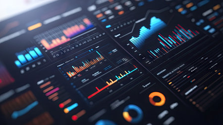 A close-up of a 3D financial dashboard with multiple graphs and charts, including bar, line, and pie graphs, showing comprehensive data analysis in a modern interface.の素材