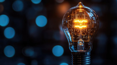 A detailed shot of an LED light bulb with a modern design, showing the intricate patterns and technology inside the bulb against a dark background.の素材