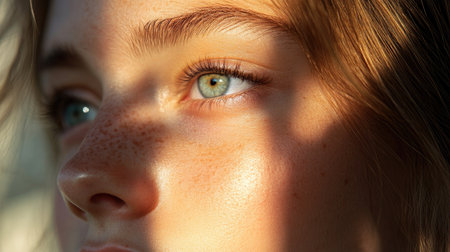 A close-up of a young face with a thoughtful expression, showcasing her natural features and the gentle play of light and shadow on her skin.の素材