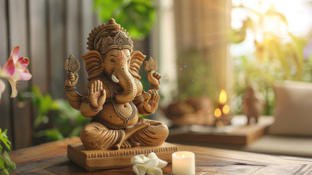Wooden table with a beautifully designed Ganesha statue, offering a spiritual and tranquil sceneの素材
