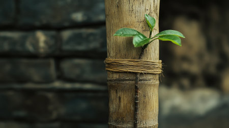 A close-up of a small tree supported by a bamboo stake, with twine gently tying the trunk for stability, showing the steps taken to help young trees thrive.の素材