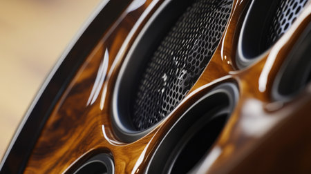 A close-up of the tweeter and woofer on a high-end speaker, with the intricate design of the drivers visible, highlighting the craftsmanship of audio equipment.の素材