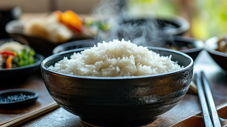 A close-up of a steaming bowl of fluffy, white rice with wisps of steam rising, set on a traditional dining table with chopsticks and side dishes.の素材