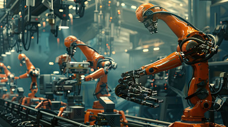 Wide shot of robot arms in a mechanized industrial setting, working together on a complex production line with this inviting photo.の素材