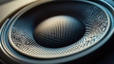A close-up of a speaker cone vibrating as music plays, with fine details of the diaphragm and the surrounding grill, capturing the essence of sound.の素材